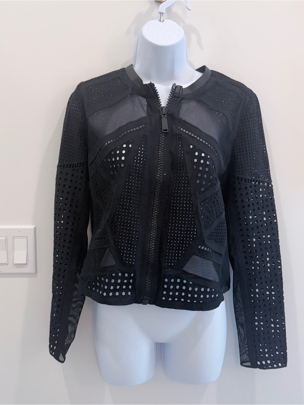 Elie Tahari Black Mesh Perforated Bomber Jacket
